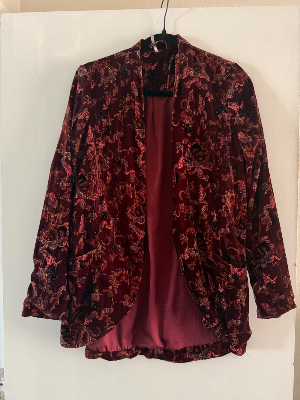 Free People Burgundy Velvet Burnout Open-Front Blazer